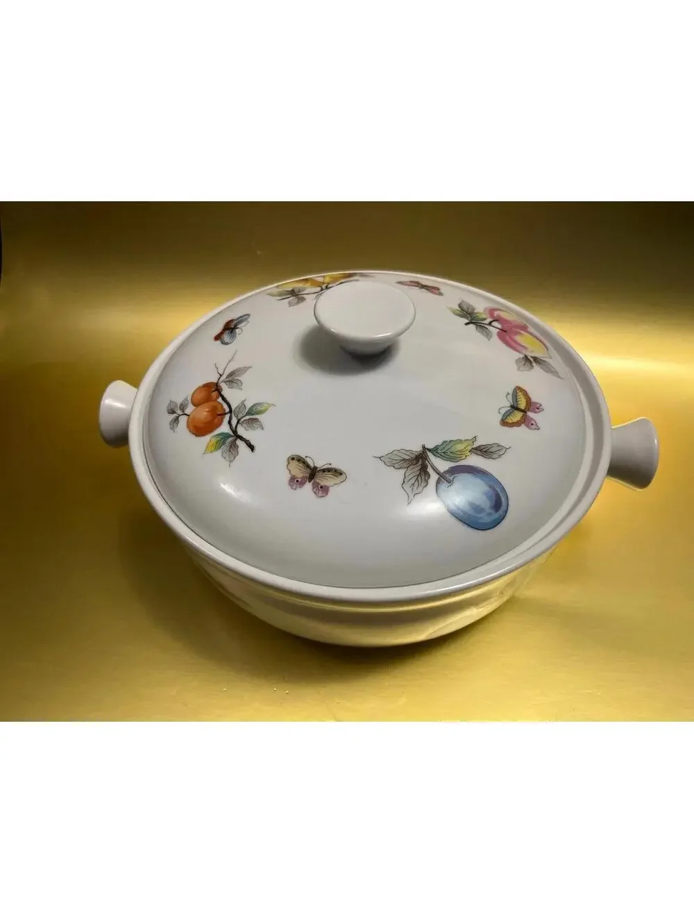 Vintage Ceramic Covered Casserole Dish with Fruit and Butterfly Motif